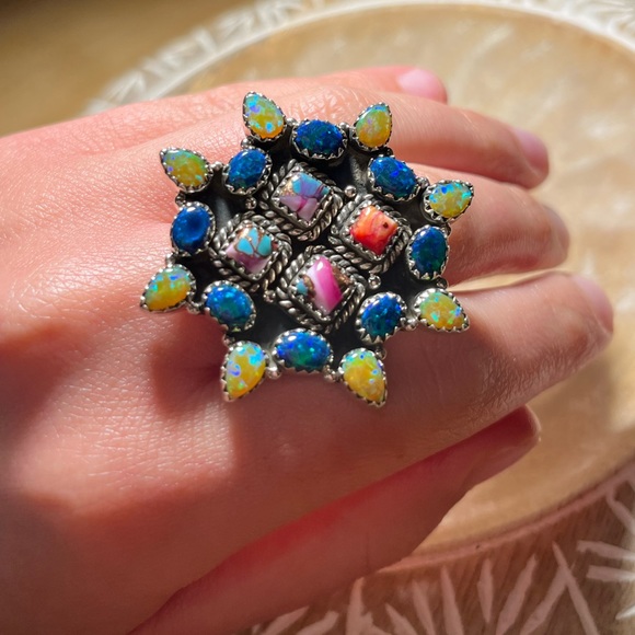 NWOT Handmade Sterling Silver Spiny Oyster & Opal Cluster Adjustable Ring - Picture 12 of 12